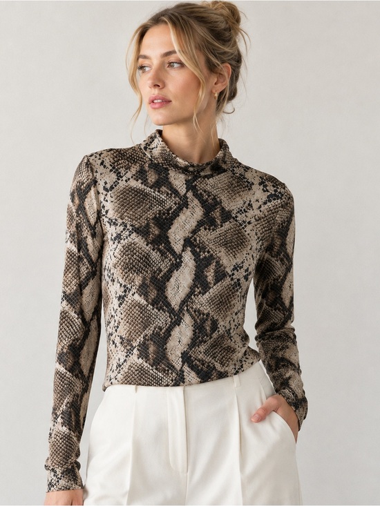 West Of Melrose Tops - West of Melrose Snake Print Mesh Mock Neck Top - Beige & Brown XS